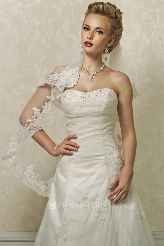 A-Line Appliqued Strapless Long Sleeveless Lace&Satin Winter Wedding Dress With Side Draping