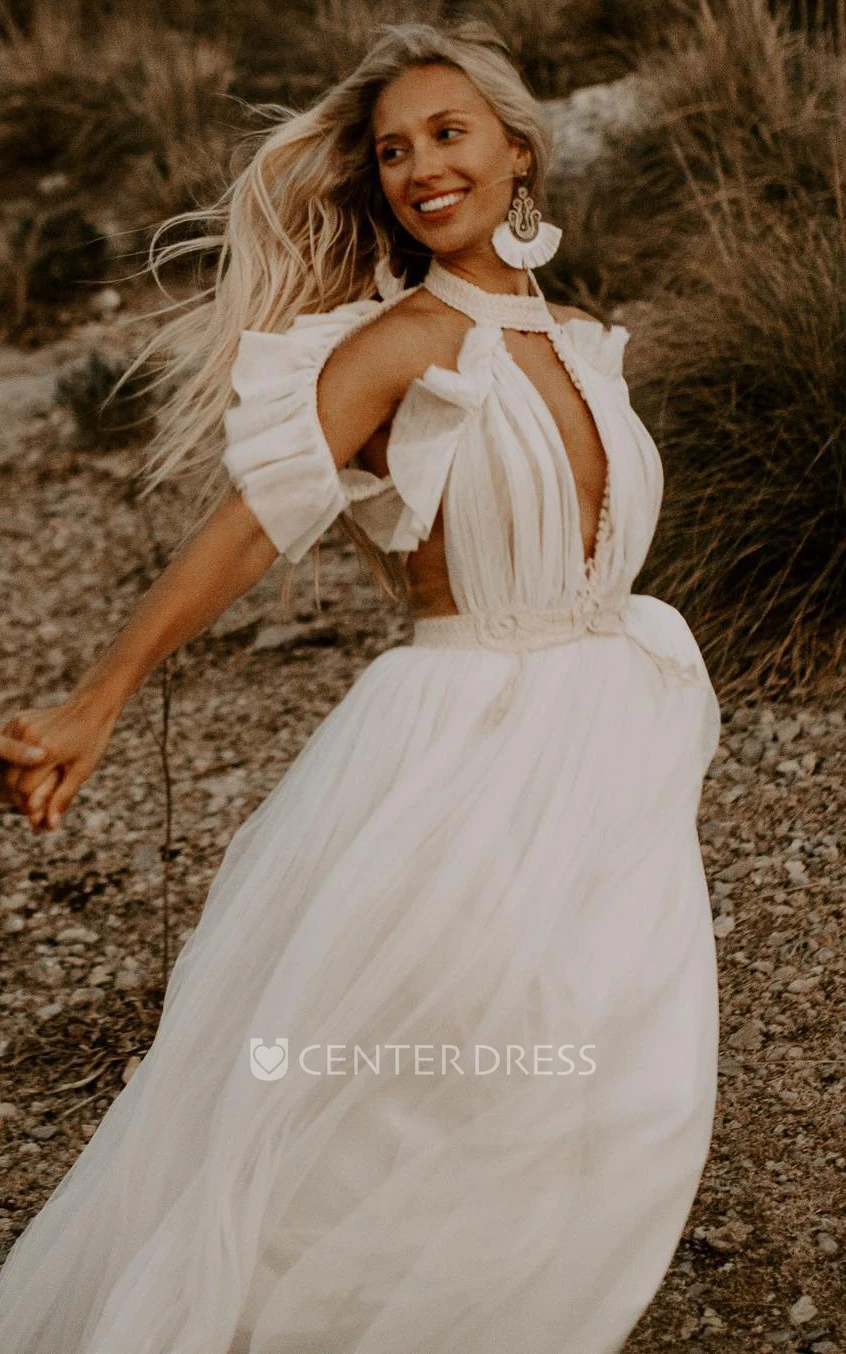 Greek A-Line Off-the-shoulder Tulle Wedding Dress With Button Back And Halter Neckline