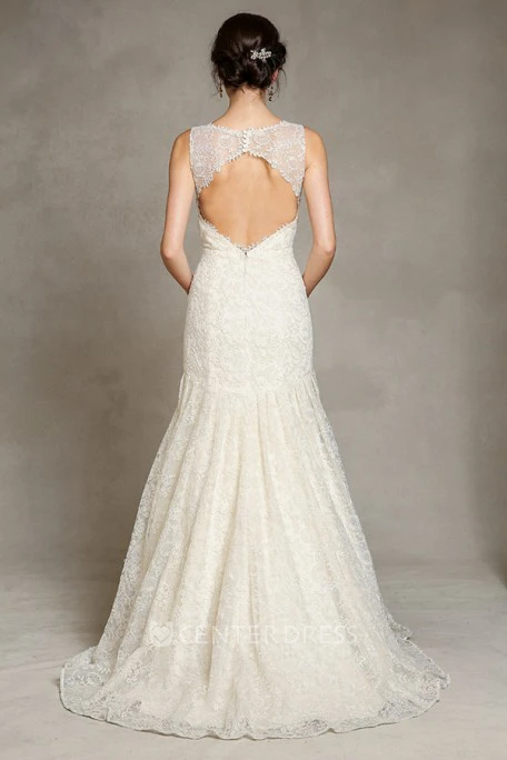 Appliqued Sleeveless Floor-Length V-Neck Lace Wedding Dress