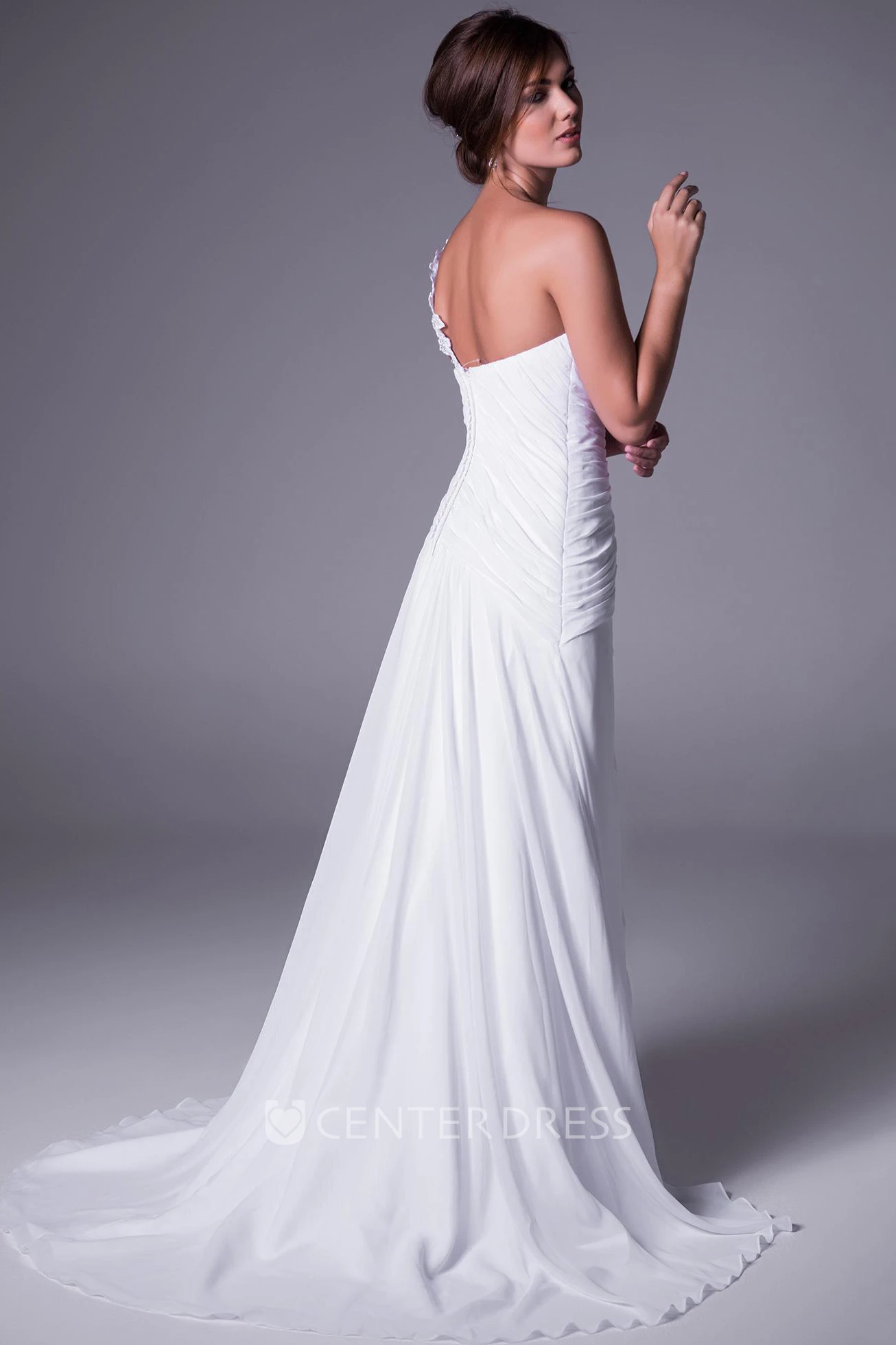 One-Shoulder Floor-Length Ruched Chiffon Wedding Dress With Brush Train