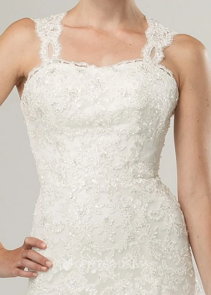 A-Line Sleeveless Strapped Beaded Long Lace&Tulle Warm Wedding Dress With Appliques