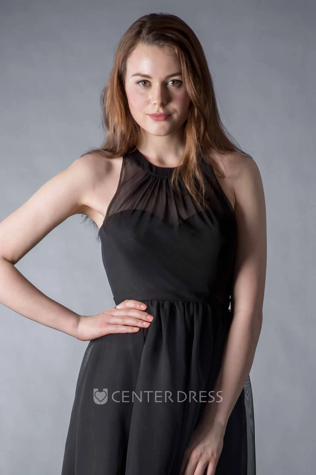 Short Sleeveless Bowed High Neck Chiffon Bridesmaid Dress With Illusion Back