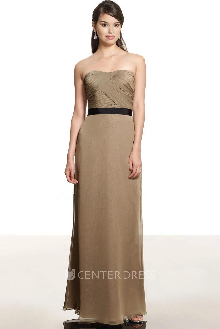 Floor-Length Strapless Ruched Chiffon Bridesmaid Dress