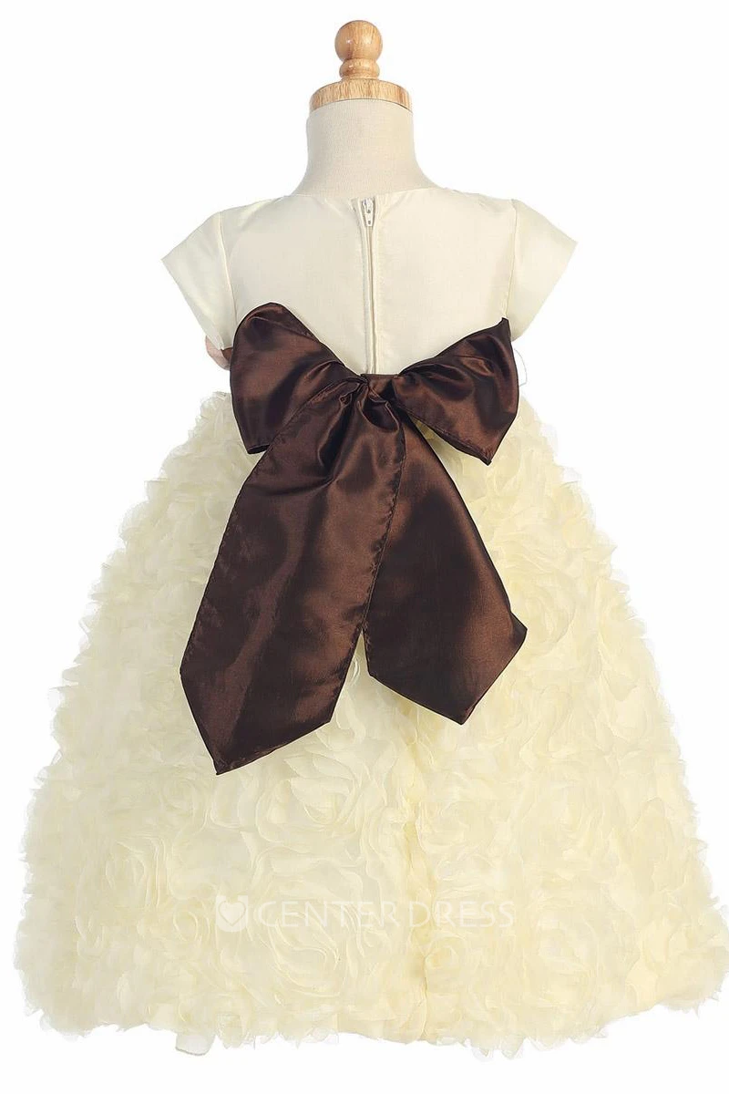 Ankle-Length Cap-Sleeve Tiered Tulle&Taffeta Flower Girl Dress