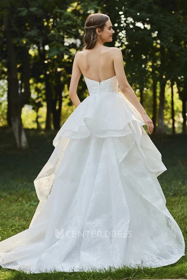 Lace Sweetheart Cascading Ruffles Sleeveless Open Back Bridal Ball Gown