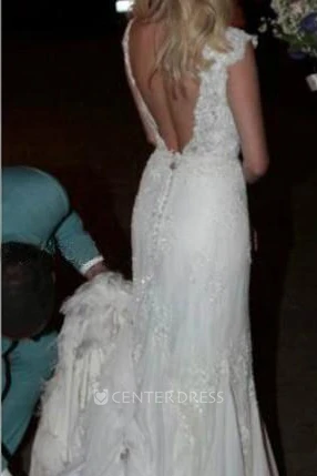 Sheath Queen Anne V-neck Lace Open Back Backless Zipper Wedding Dress