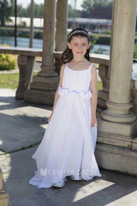 Flower Girl Scoop Neck A-line Split Chiffon Long Dress With Flower Waist