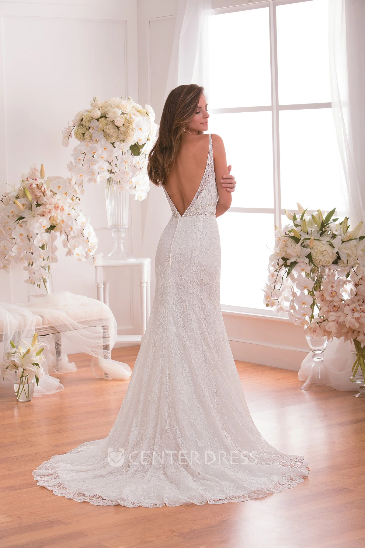 Sleeveless V-Neck Mermaid Wedding Dress With Low V-Back And Jewels
