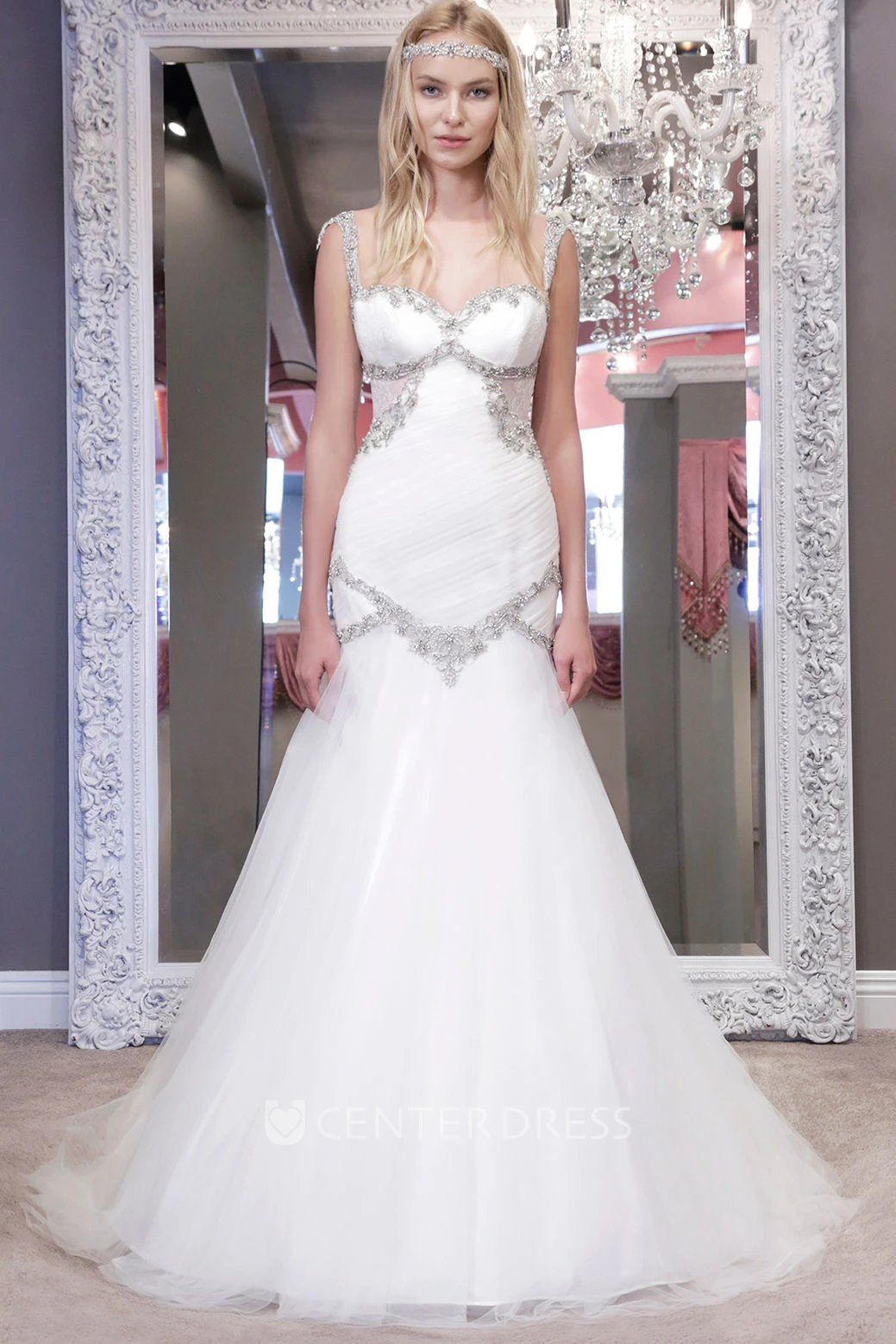 A-Line Beaded Long Spaghetti Sleeveless Tulle Wedding Dress With Backless Style And Ruching