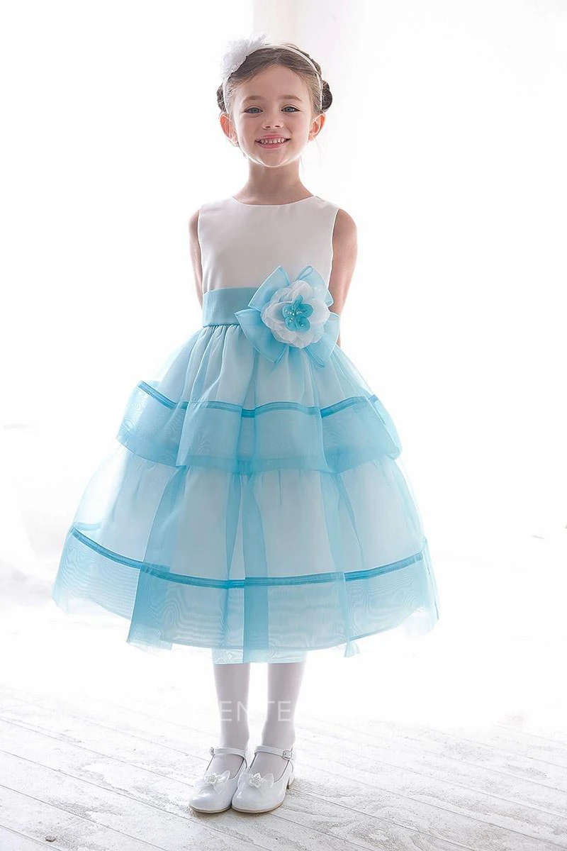 Tea-Length Floral Tiered Beaded Sequins&Organza Flower Girl Dress With Split Front