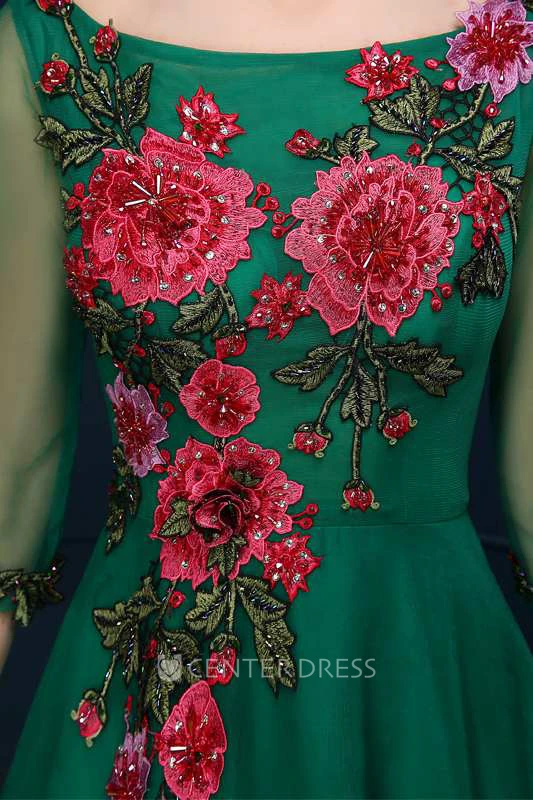 3-4 Illusion Sleeve Bateau Neck A-line Organza Dress