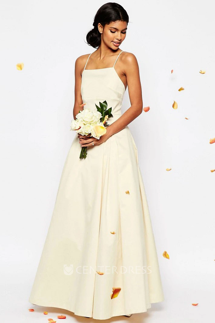 A-Line Long Spaghetti Sleeveless Wedding Dress