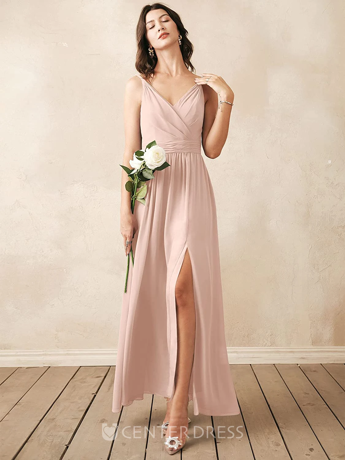 Romantic Chiffon Ankle-length V-neck A Line Sleeveless Bridesmaid Dress With Ruching