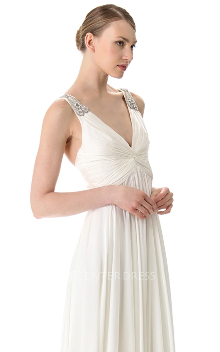 Grecian Deep-V Neckline Empire Chiffon Floor-length Dress With Broad Straps