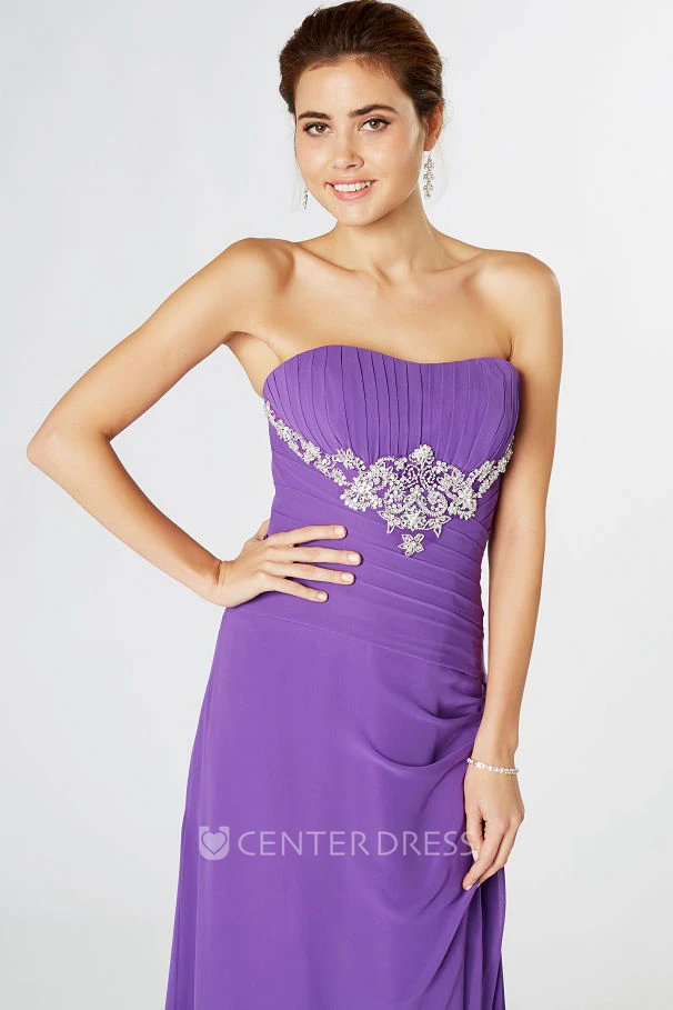 Ruched Strapless Chiffon Bridesmaid Dress With Appliques And Draping