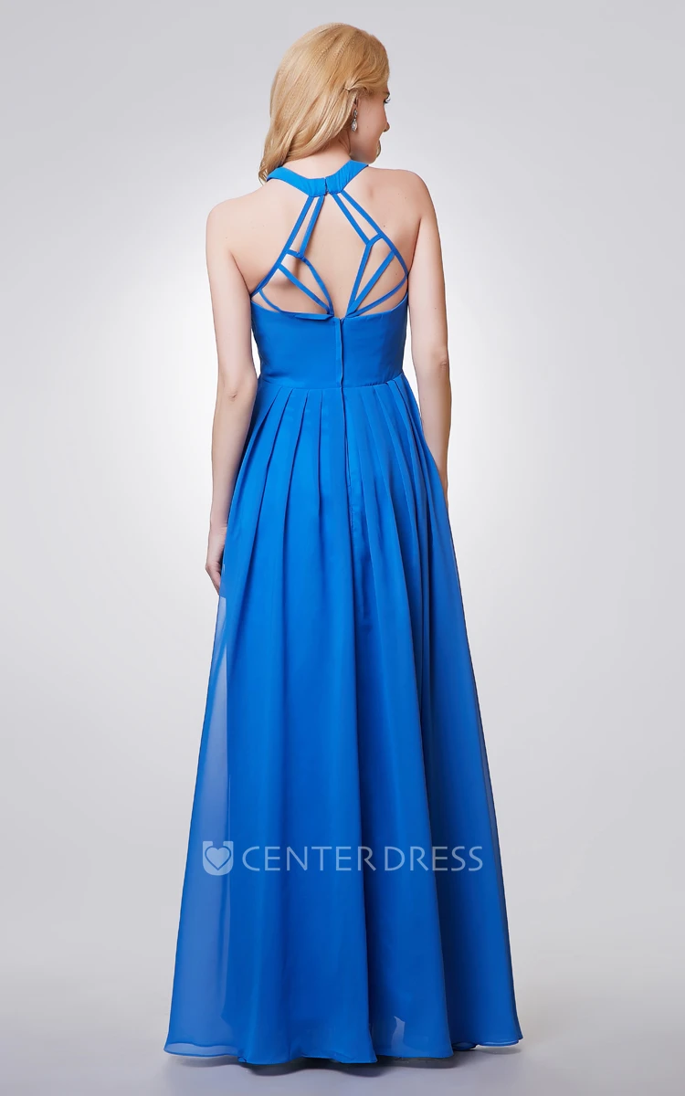 Halter A-line Long Chiffon Pleated Dress With Key-hole