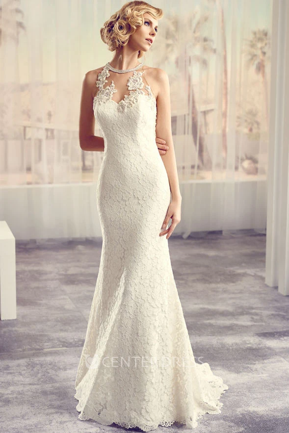 High Neck Long Appliqued Lace Wedding Dress With Court Train And Keyhole