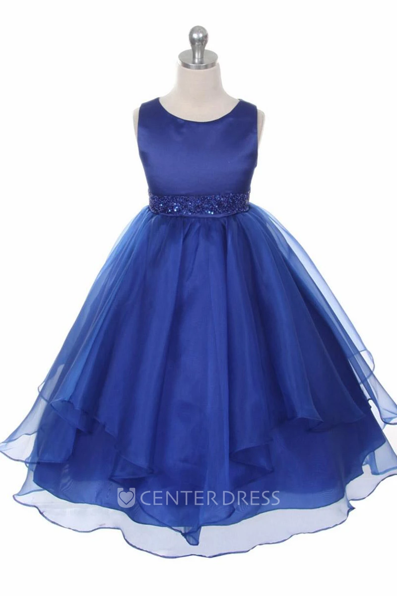 Tea-Length Tiered Beaded Sequins&Organza Flower Girl Dress With Sash