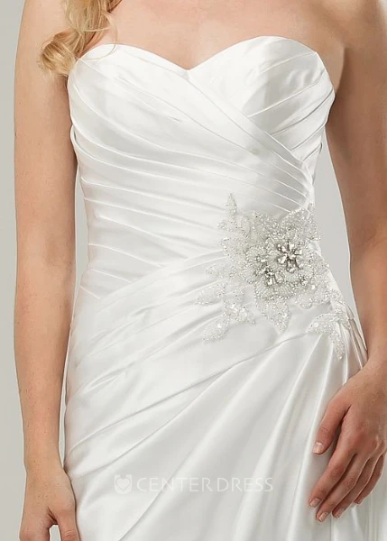 Sheath Floor-Length Sweetheart Jeweled Satin Wedding Dress With Criss Cross And Corset Back