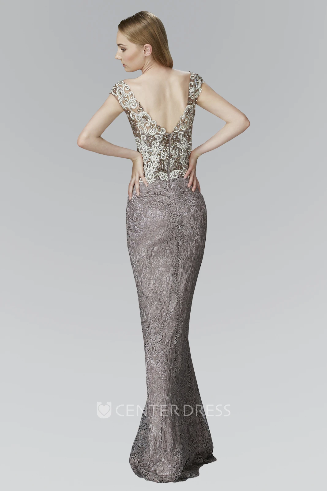 Sheath Long V-Neck Cap-Sleeve Lace Low-V Back Dress With Embroidery And Pleats
