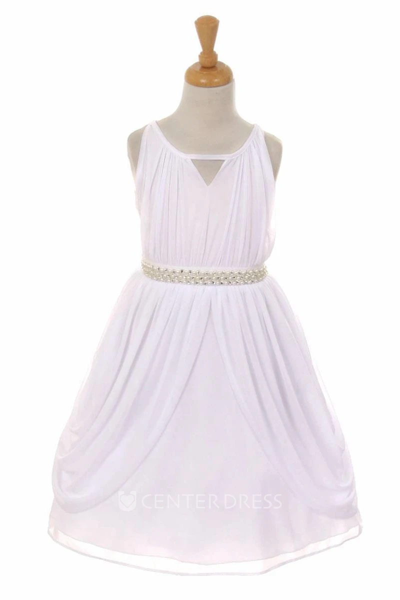 High Neck Tea-Length Pleated Tiered Chiffon Flower Girl Dress With Ribbon