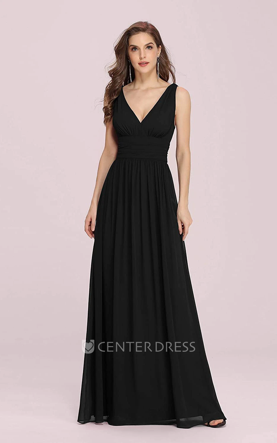 Romantic A Line Chiffon V-neck Sleeveless Prom Dress With Ruffles