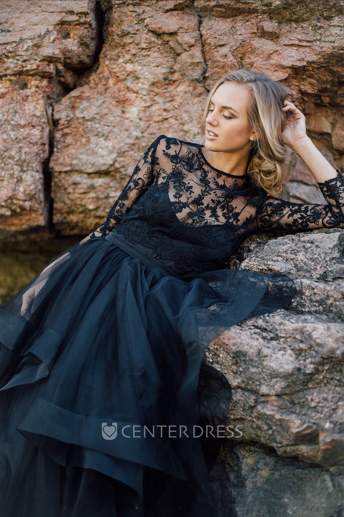 A-Line Long Sleeve Floor-length Scoop Button Illusion Appliques Lace Pleats Sash/Ribbon Black Wedding Dress