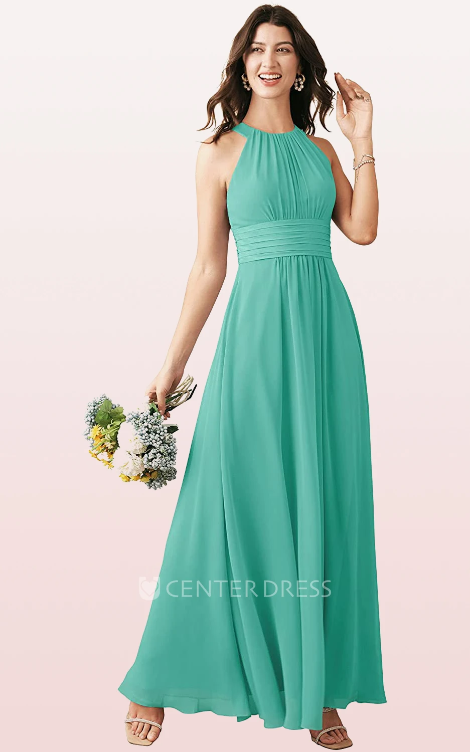 Modern Chiffon Ankle-length Halter A Line Sleeveless Bridesmaid Dress With Ruching