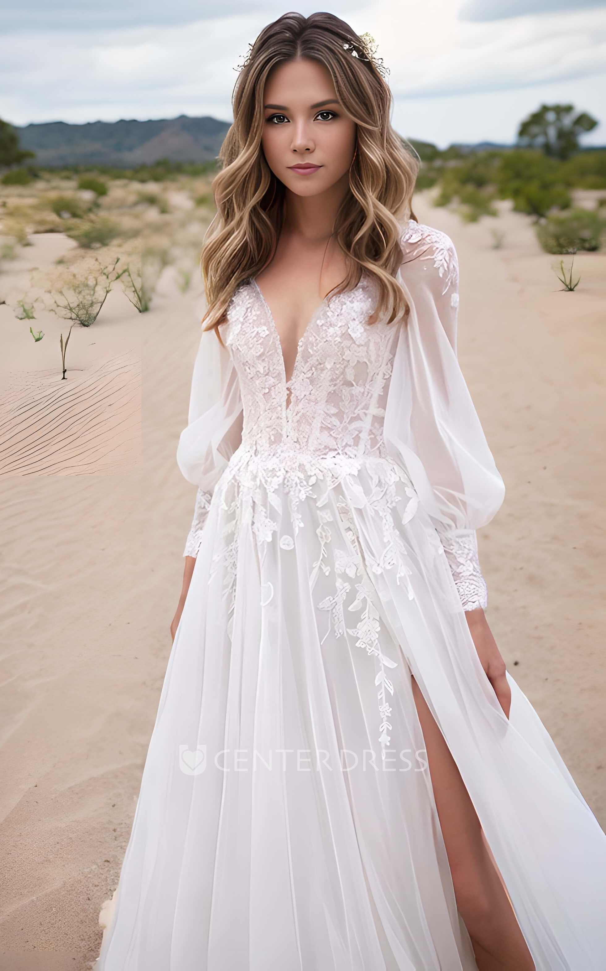 Elegant A line Lace Wedding Dress Illusion Long Sleeve Front Split Ethereal Rustic Beach Delicate Applique Dress