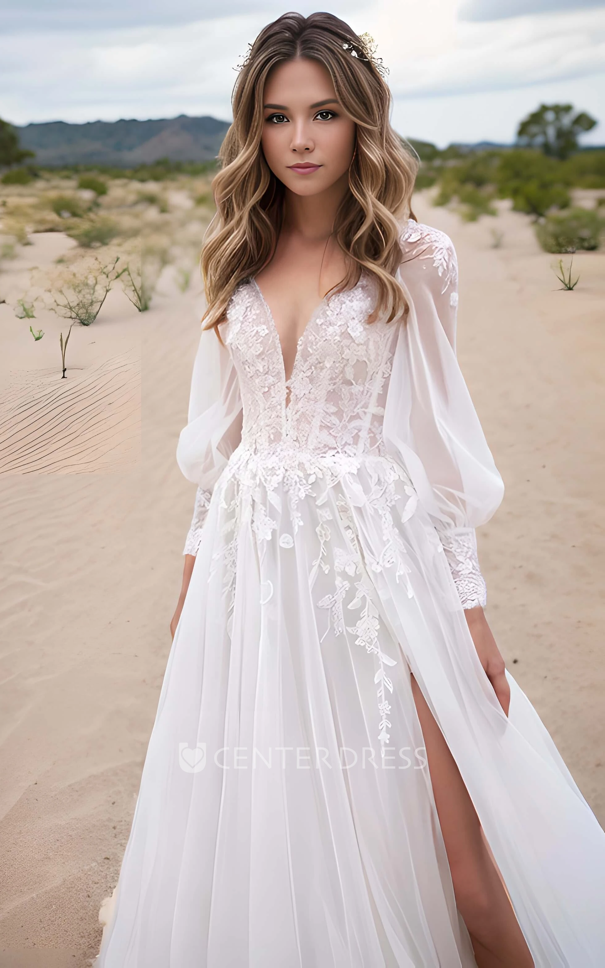 V-Neck Illusion Long Sleeve A-Line Satin Appliqued Plus Size Wedding Dress  - UCenter Dress