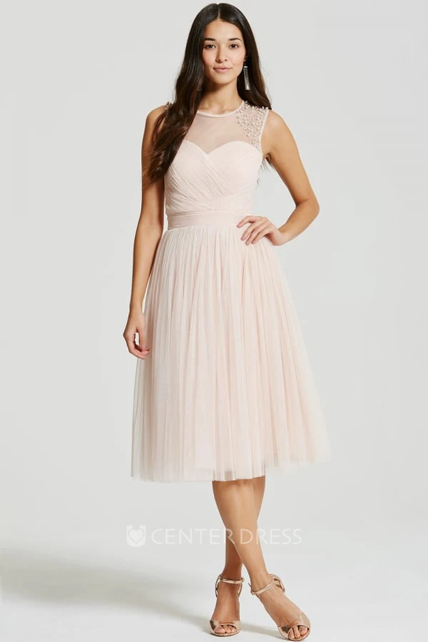 Tea-Length Sleeveless Scoop Neck Beaded Tulle Bridesmaid Dress