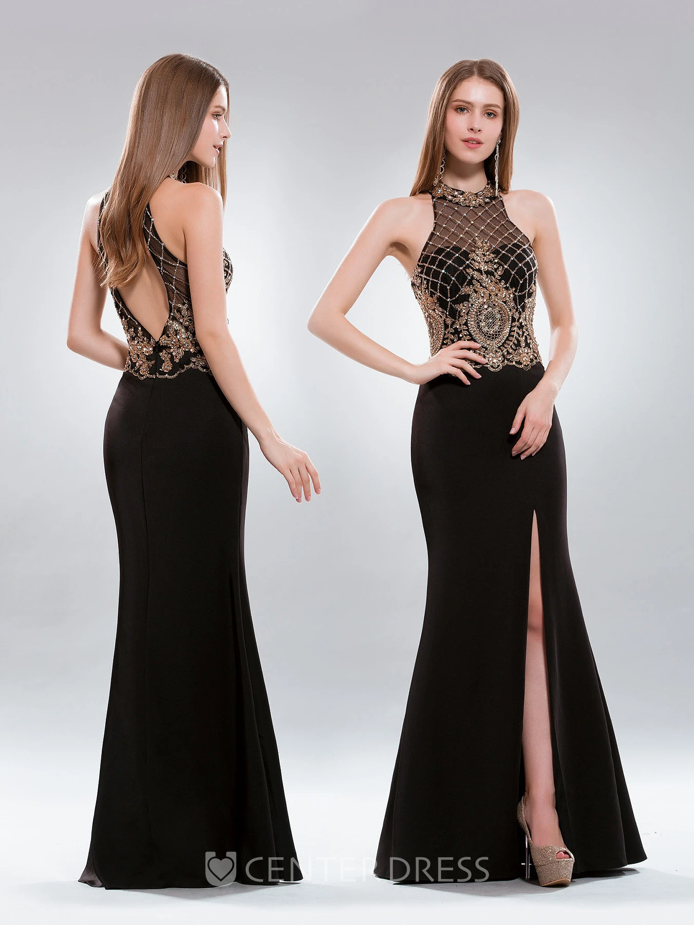 Mermaid High Neck Sleeveless Jersey Keyhole Dress With Split Front And Beading