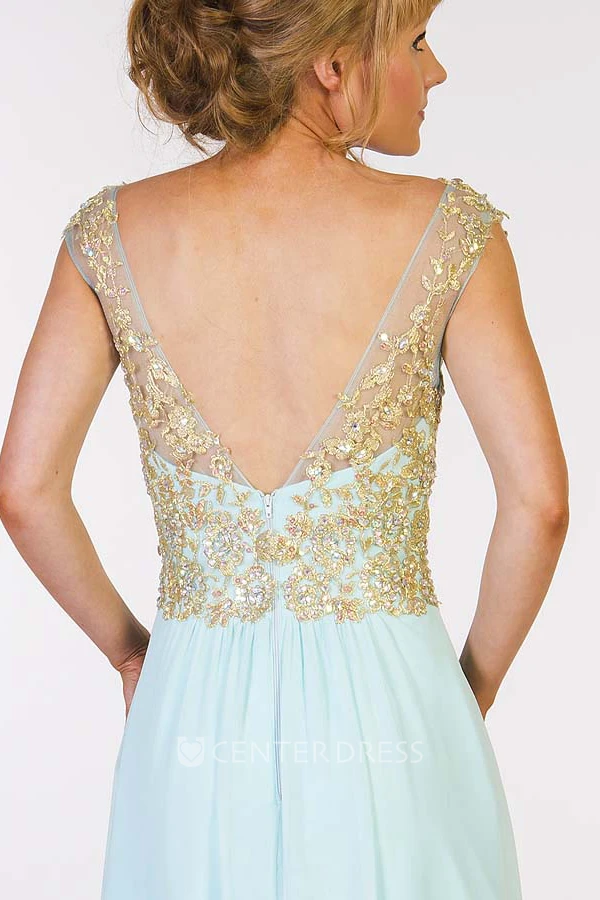 A-Line Beaded Scoop-Neck Cap-Sleeve Floor-Length Chiffon Prom Dress With Pleats