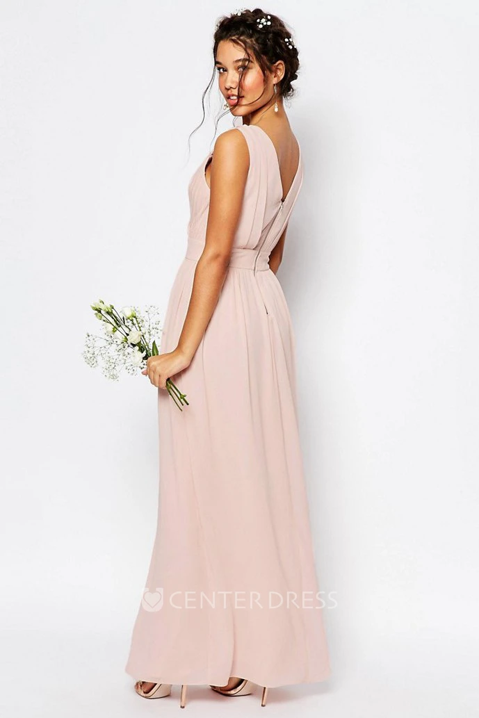 Sheath V-Neck Beaded Sleeveless Floor-Length Chiffon Bridesmaid Dress With Ruching And V Back