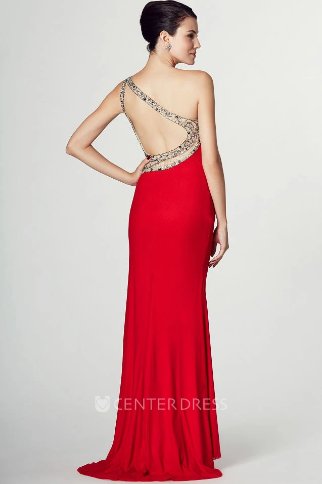 Sheath One-Shoulder Split-Front Sleeveless Jersey Prom Dress