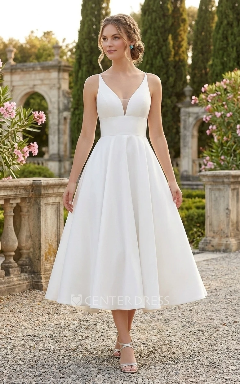 Simple Short A-Line Tea Length V-Neck Cross Back Sleeveless Satin Summer Wedding Dress Beach with Ruffles