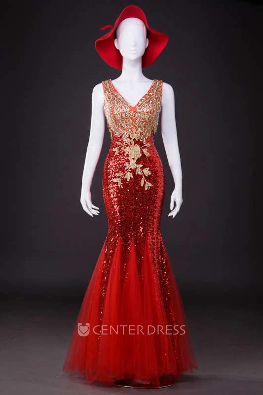 Sleeveless V Neck Sequined Long Tulle Dress