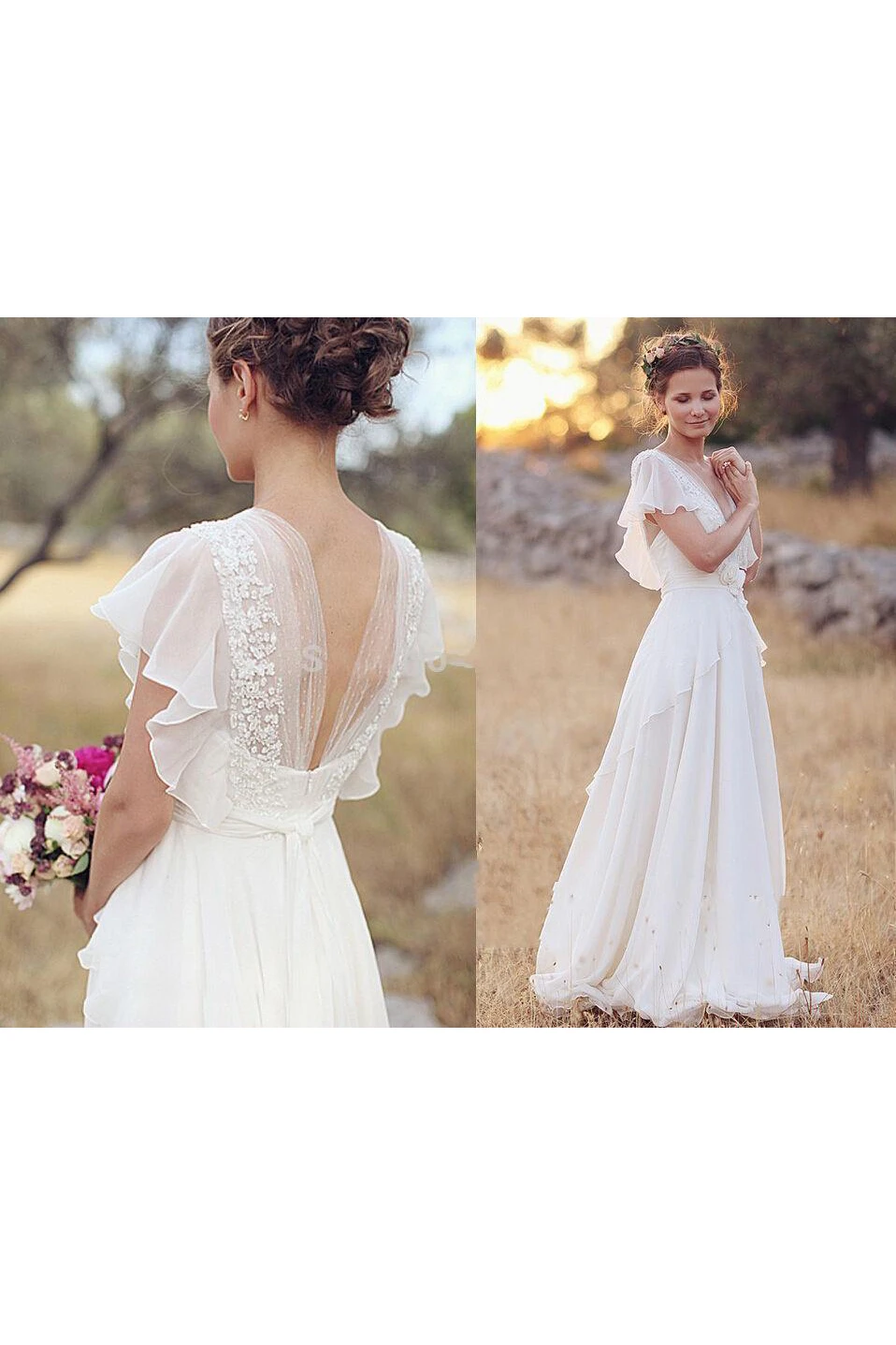 A Line V-neck Chiffon Lace Zipper Low-V Back Warm Wedding Dress