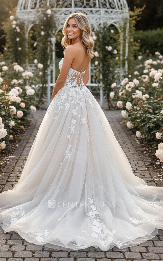 Lace A-Line Sleeveless Wedding Dress Sweetheart Tulle Ball Gown with Sheer Corset Top