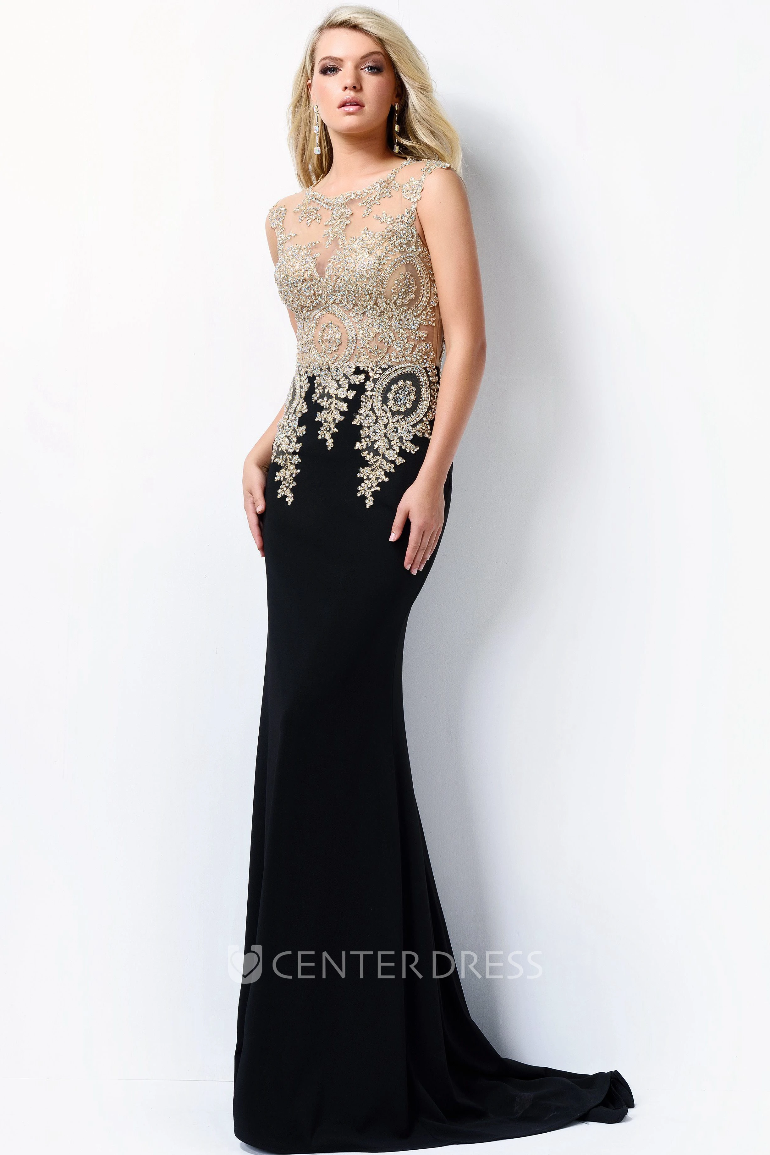 Sheath Long Scoop-Neck Sleeveless Jersey Illusion Dress With Beading