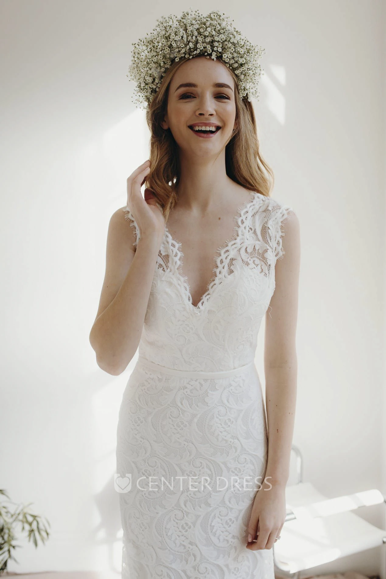 Cap Sleeve Lace Sheath Deep V-neck Bridal Gown With Deep V-neck And Court Train