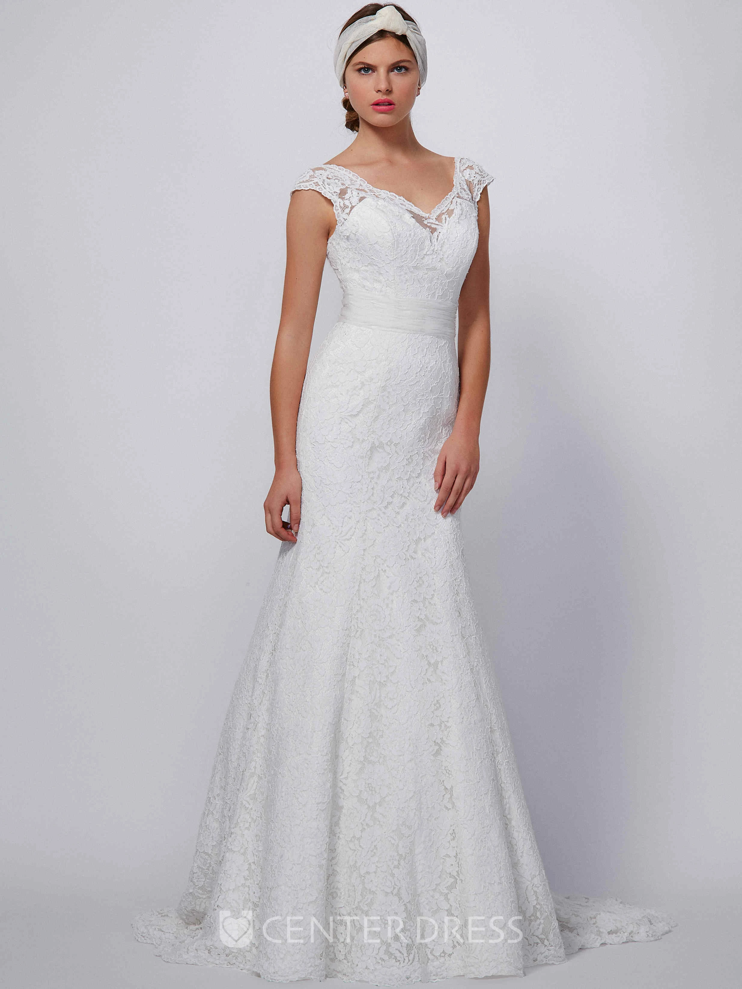 Sheath V-Neck Appliqued Floor-Length Cap-Sleeve Lace Wedding Dress