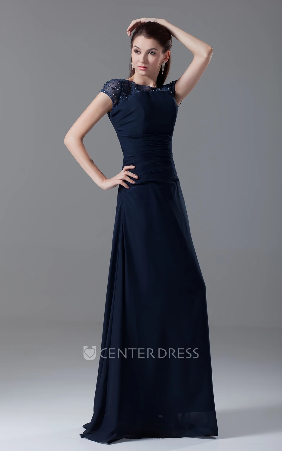 Maxi Bateau-Neck Pleated-Sleeve Dress With Crystal Detailing