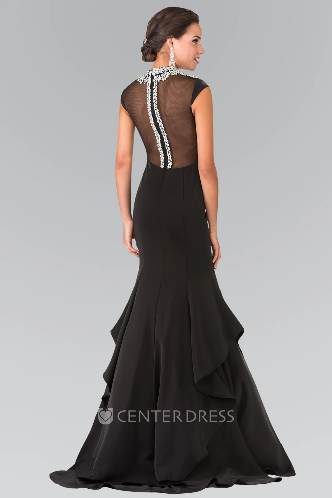 Mermaid Long High Neck Cap-Sleeve Satin Illusion Dress With Beading And Draping