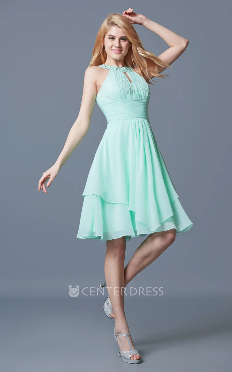 Elegant Sleeveless Tiered Knee Length Chiffon Dress With Keyhole Back