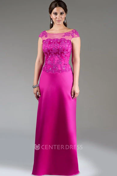 Cap Sleeve Appliqued Top Satin Long Mother Of The Bride Dress With Crystal Details