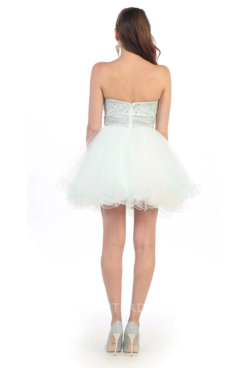 A-Line Short Sweetheart Sleeveless Tulle Backless Dress With Ruffles And Beading