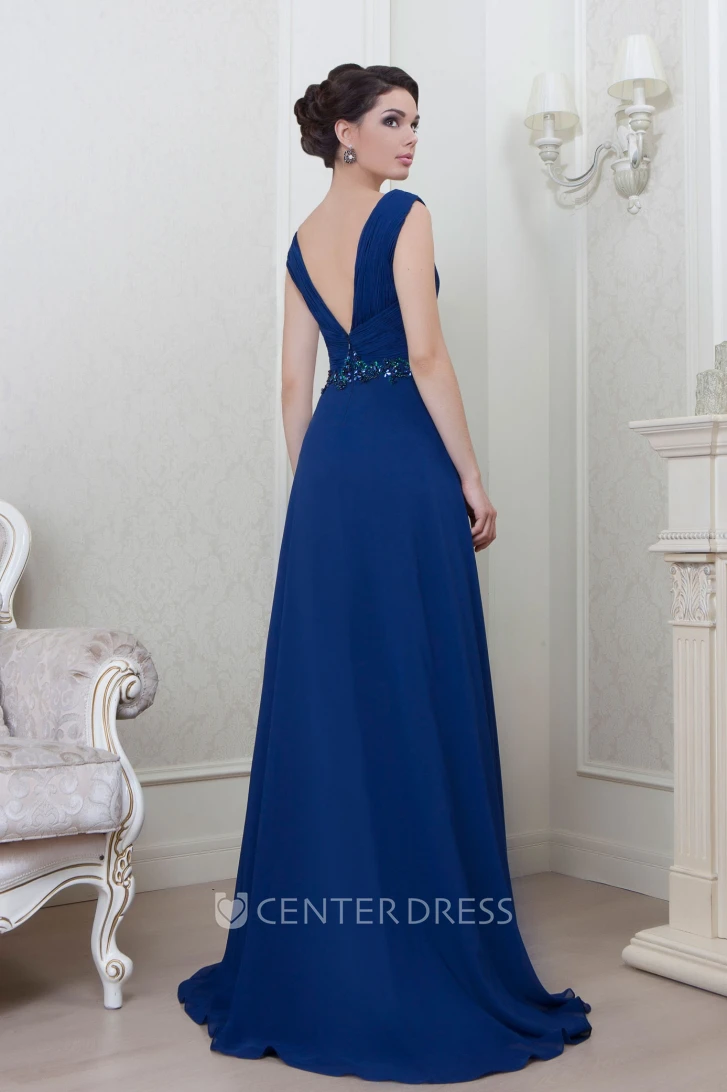 A-Line Sleeveless V-Neck Floor-Length Ruched Chiffon Evening Dress With Beading