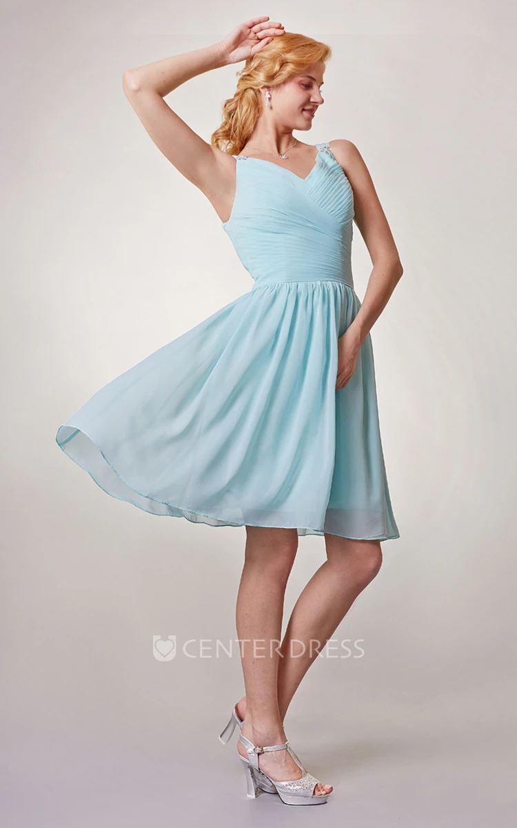 Chiffon V Neck Short Bridesmaid Dress with Ruching
