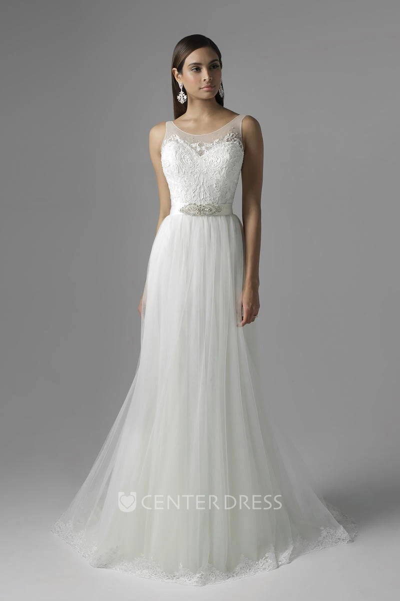 A-Line Scoop Appliqued Sleeveless Floor-Length Tulle Wedding Dress With Waist Jewellery And Pleats